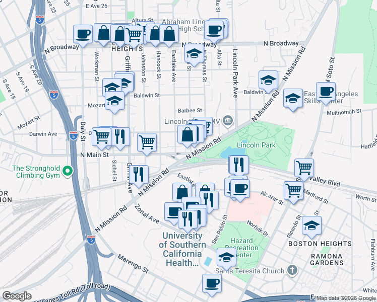 map of restaurants, bars, coffee shops, grocery stores, and more near 3317 North Mission Road in Los Angeles