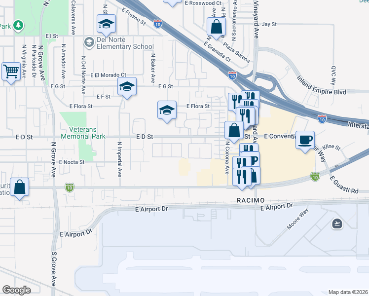 map of restaurants, bars, coffee shops, grocery stores, and more near 328 North Mariposa Privado in Ontario