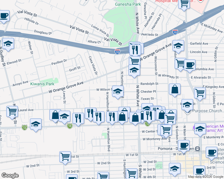 map of restaurants, bars, coffee shops, grocery stores, and more near 871 West Wilson Street in Pomona