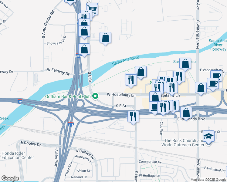 map of restaurants, bars, coffee shops, grocery stores, and more near 348 West Hospitality Lane in San Bernardino