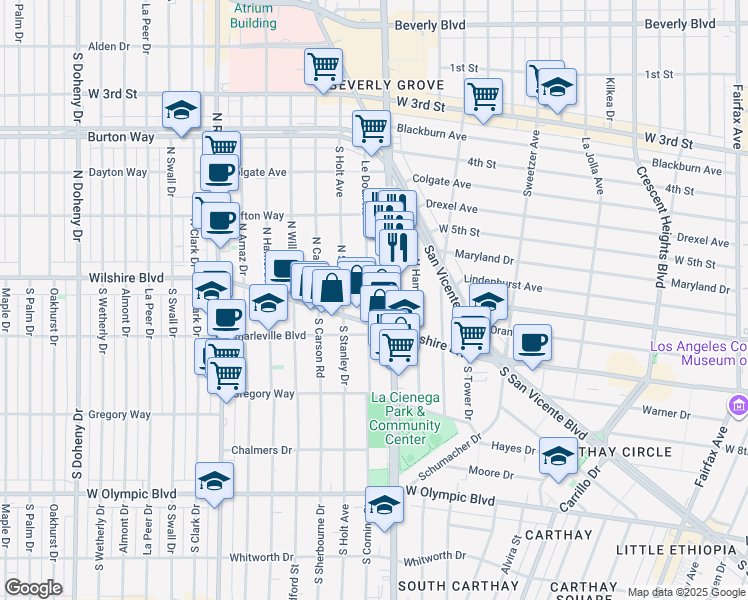 map of restaurants, bars, coffee shops, grocery stores, and more near 124 Le Doux Road in Beverly Hills