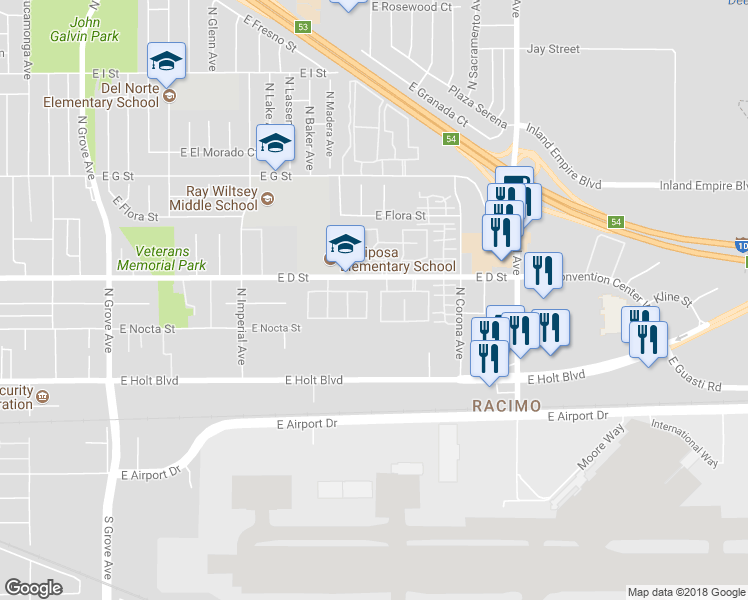 map of restaurants, bars, coffee shops, grocery stores, and more near 328 North Mariposa Privado in Ontario