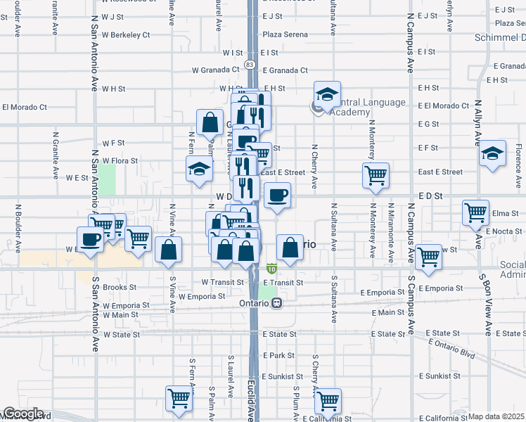 map of restaurants, bars, coffee shops, grocery stores, and more near in Ontario