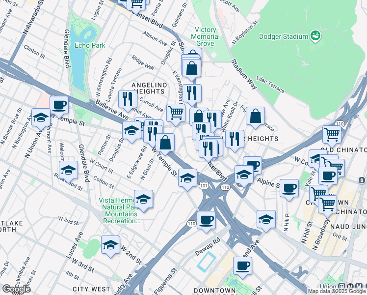 map of restaurants, bars, coffee shops, grocery stores, and more near 1175 Bellevue Avenue in Los Angeles