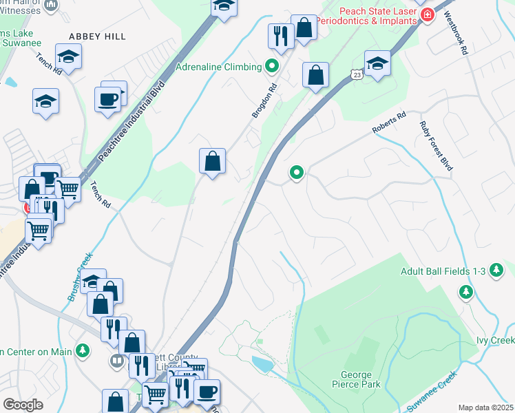 map of restaurants, bars, coffee shops, grocery stores, and more near 4092 Grand Park Drive Northeast in Suwanee