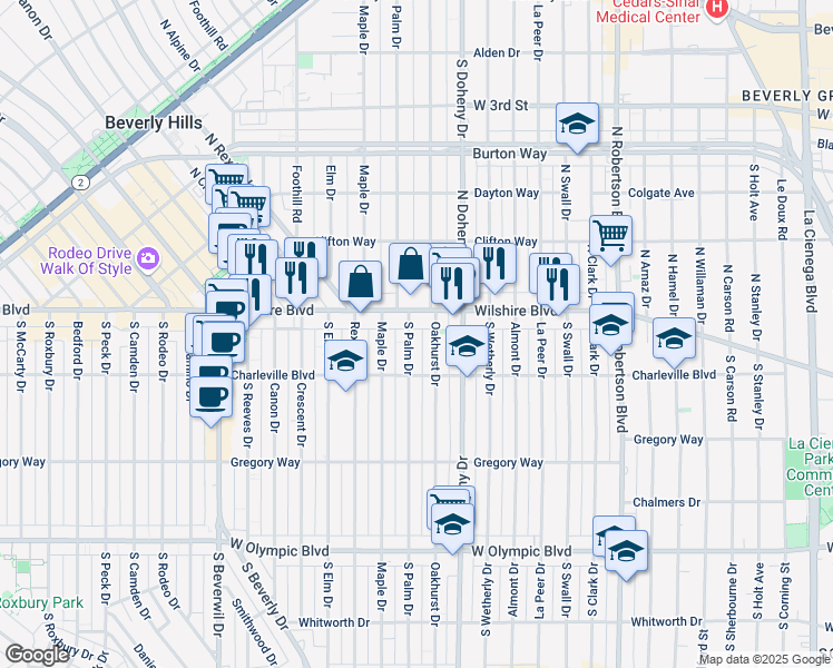 map of restaurants, bars, coffee shops, grocery stores, and more near 120 South Palm Drive in Beverly Hills
