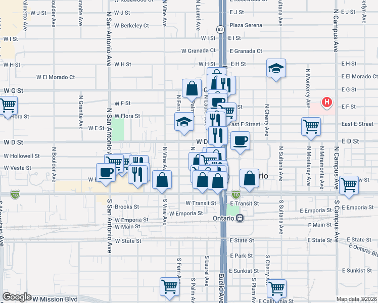map of restaurants, bars, coffee shops, grocery stores, and more near 325 North Palm Avenue in Ontario