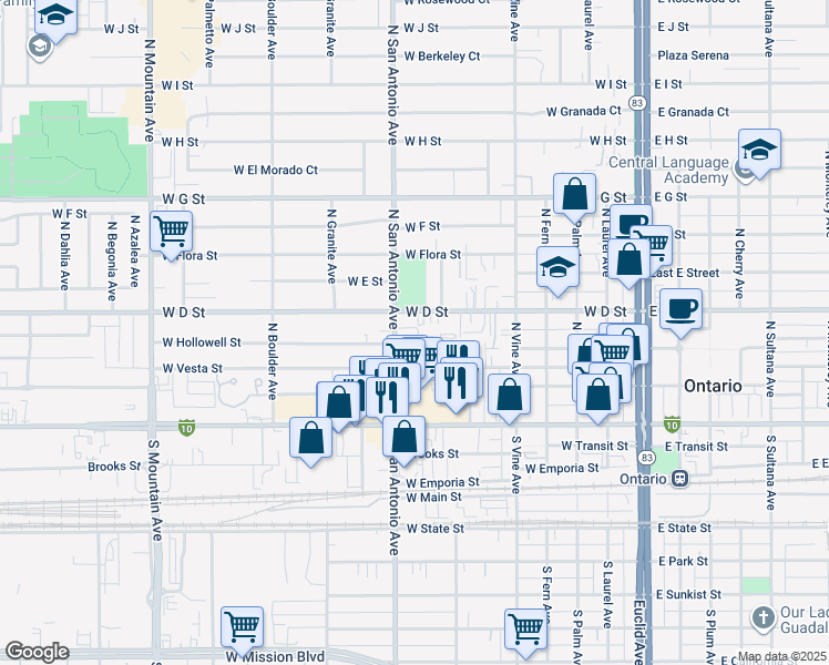 map of restaurants, bars, coffee shops, grocery stores, and more near 312 North San Antonio Avenue in Ontario