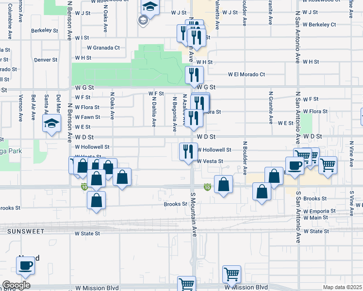map of restaurants, bars, coffee shops, grocery stores, and more near 311 North Mountain Avenue in Ontario