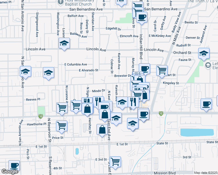 map of restaurants, bars, coffee shops, grocery stores, and more near 1280 East Kingsley Avenue in Pomona