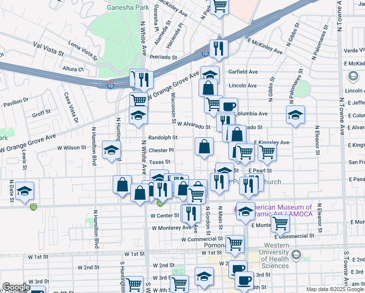 map of restaurants, bars, coffee shops, grocery stores, and more near 368 Randolph Street in Pomona