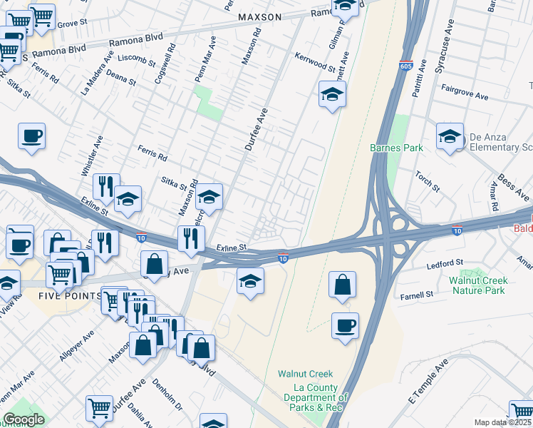 map of restaurants, bars, coffee shops, grocery stores, and more near 3545 Gilman Road in El Monte