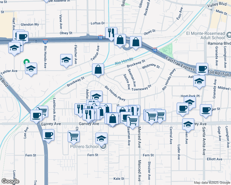 map of restaurants, bars, coffee shops, grocery stores, and more near 9835 Rio Hondo Parkway in El Monte