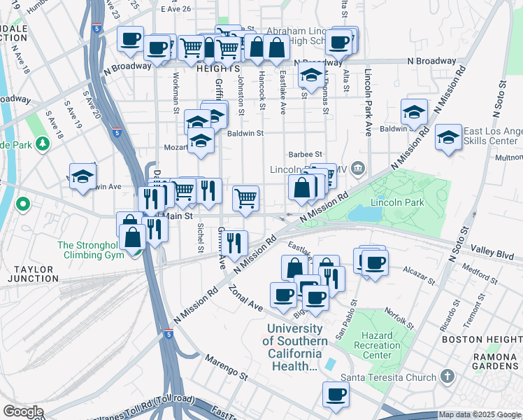 map of restaurants, bars, coffee shops, grocery stores, and more near 1915 Hancock Street in Los Angeles