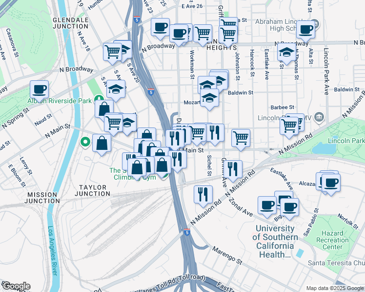 map of restaurants, bars, coffee shops, grocery stores, and more near 1918 Daly Street in Los Angeles