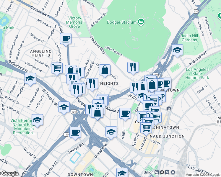 map of restaurants, bars, coffee shops, grocery stores, and more near 918 West College Street in Los Angeles