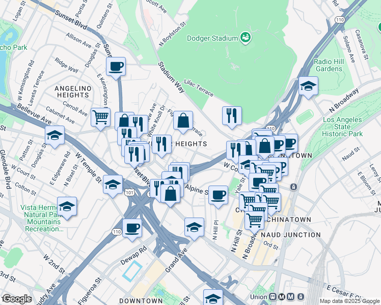 map of restaurants, bars, coffee shops, grocery stores, and more near 918 West College Street in Los Angeles