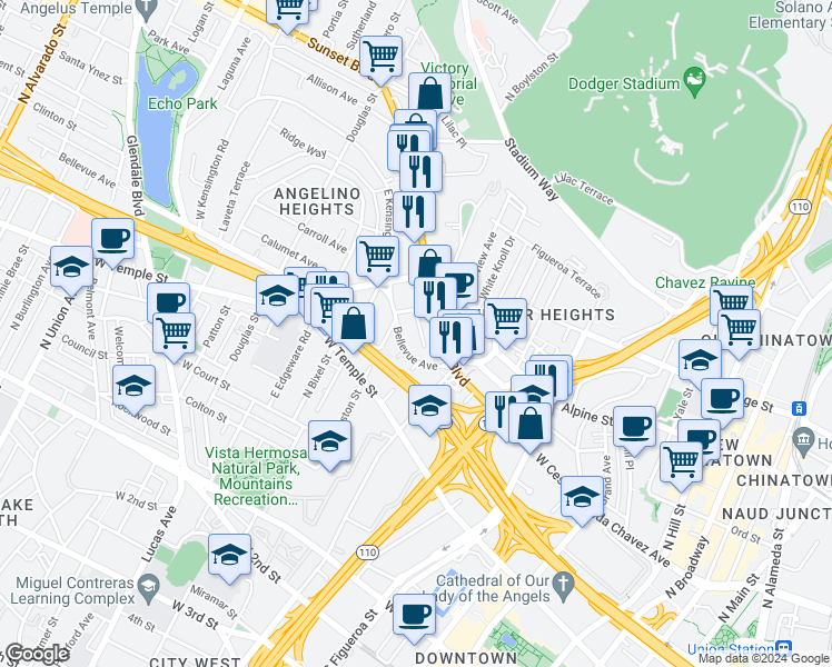 map of restaurants, bars, coffee shops, grocery stores, and more near 1175 Bellevue Avenue in Los Angeles