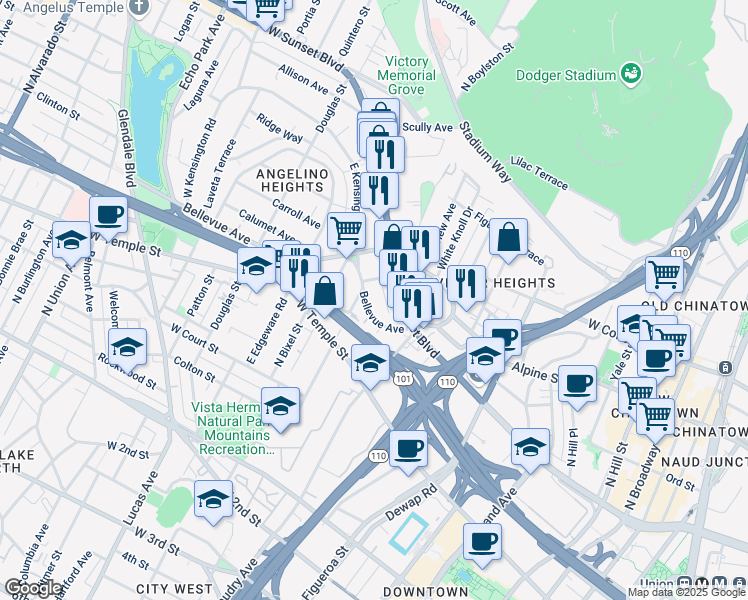 map of restaurants, bars, coffee shops, grocery stores, and more near 1175 Bellevue Avenue in Los Angeles