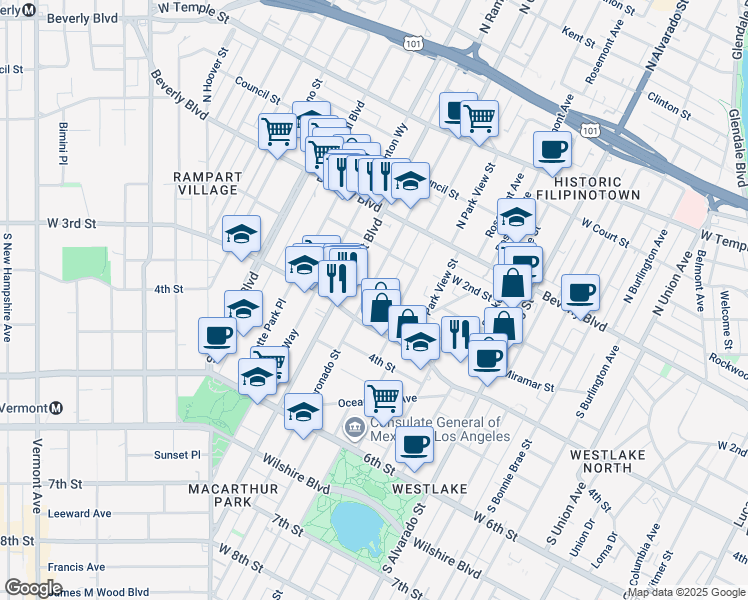 map of restaurants, bars, coffee shops, grocery stores, and more near 243 South Carondelet Street in Los Angeles
