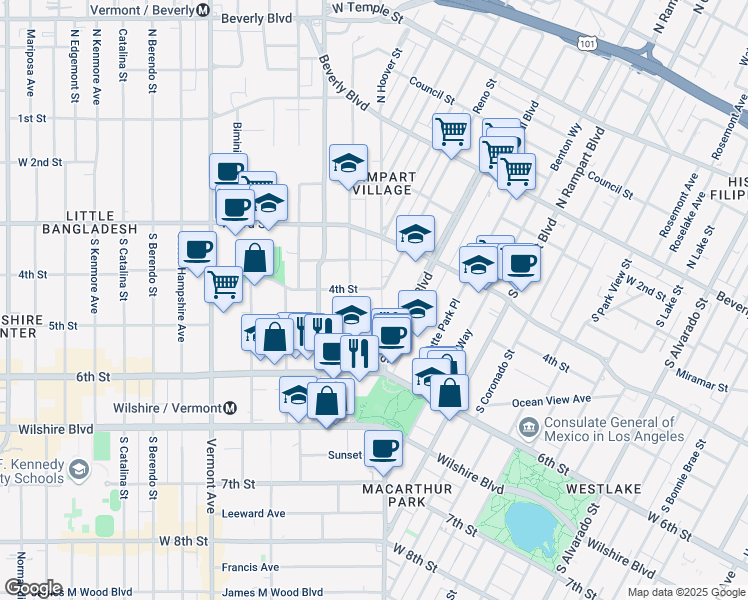 map of restaurants, bars, coffee shops, grocery stores, and more near 400 South Hoover Street in Los Angeles