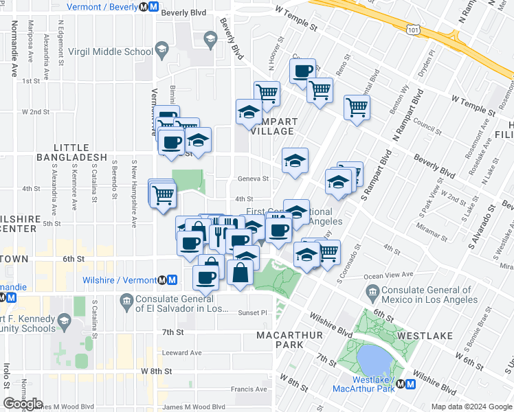 map of restaurants, bars, coffee shops, grocery stores, and more near 3028 West 4th Street in Los Angeles