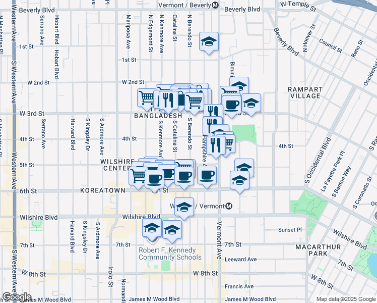 map of restaurants, bars, coffee shops, grocery stores, and more near 433 South Berendo Street in Los Angeles