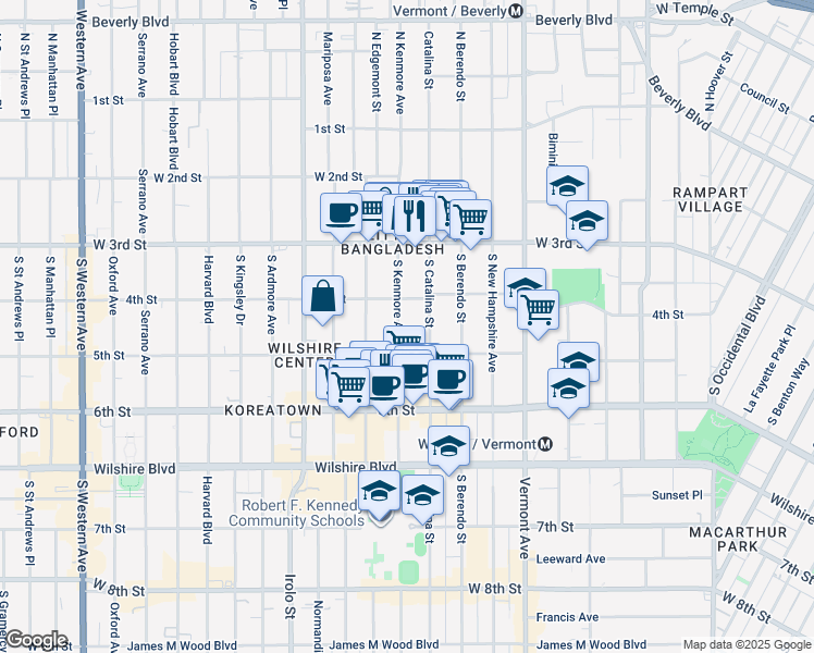 map of restaurants, bars, coffee shops, grocery stores, and more near 425 South Catalina Street in Los Angeles