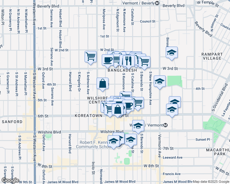 map of restaurants, bars, coffee shops, grocery stores, and more near 420 South Alexandria Avenue in Los Angeles