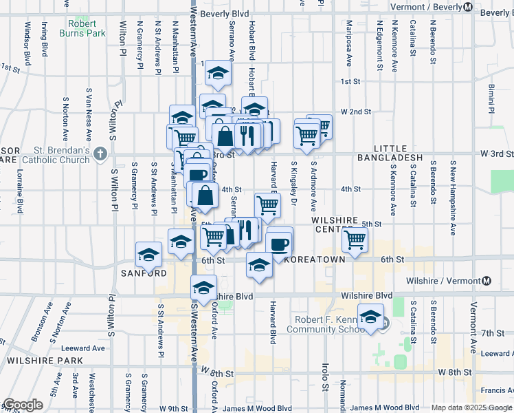 map of restaurants, bars, coffee shops, grocery stores, and more near 433 South Hobart Boulevard in Los Angeles