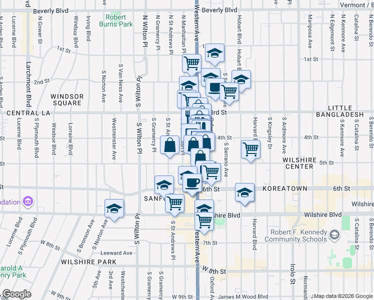 map of restaurants, bars, coffee shops, grocery stores, and more near 450 South Western Avenue in Los Angeles