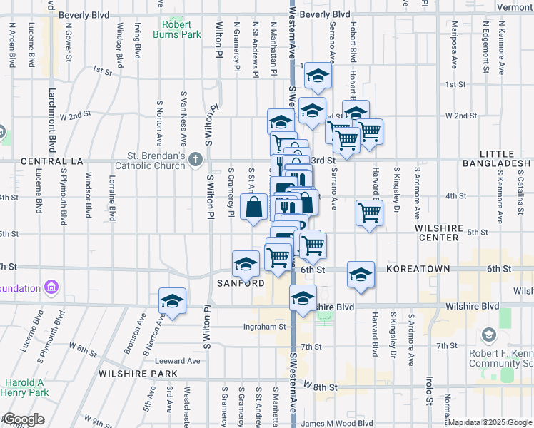 map of restaurants, bars, coffee shops, grocery stores, and more near 420 South Saint Andrews Place in Los Angeles