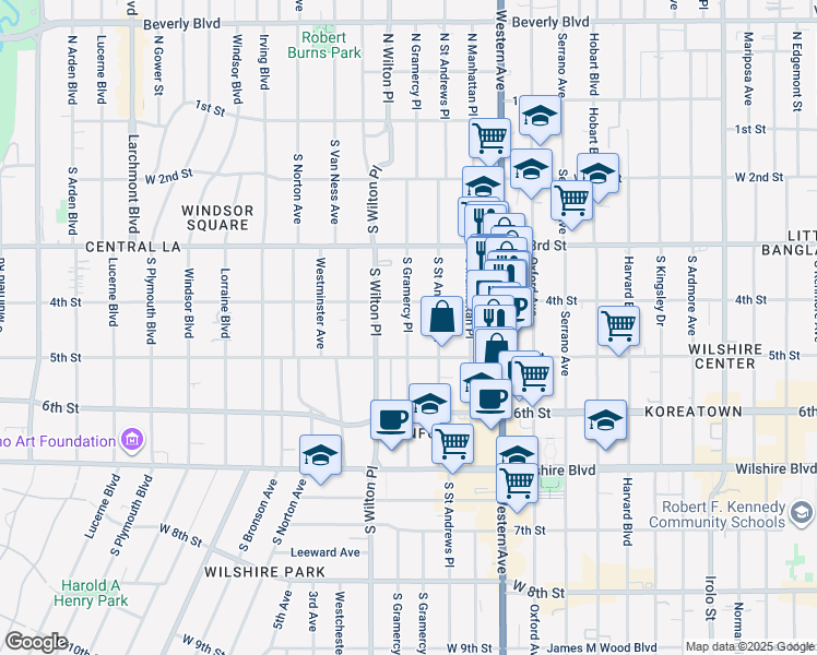 map of restaurants, bars, coffee shops, grocery stores, and more near 420 South Gramercy Place in Los Angeles