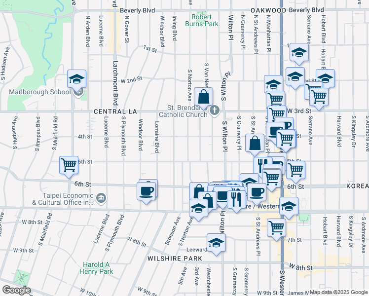 map of restaurants, bars, coffee shops, grocery stores, and more near 416 South Norton Avenue in Los Angeles
