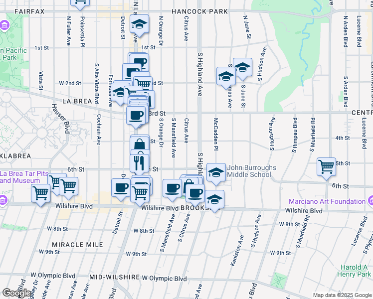 map of restaurants, bars, coffee shops, grocery stores, and more near 412 South Citrus Avenue in Los Angeles