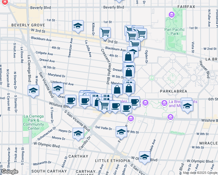 map of restaurants, bars, coffee shops, grocery stores, and more near 6307 Lindenhurst Avenue in West Hollywood