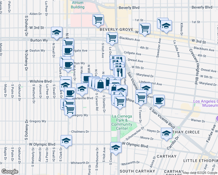 map of restaurants, bars, coffee shops, grocery stores, and more near 126 Le Doux Road in Beverly Hills