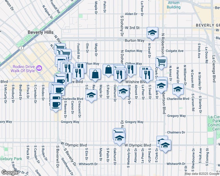 map of restaurants, bars, coffee shops, grocery stores, and more near 121 South Palm Drive in Beverly Hills