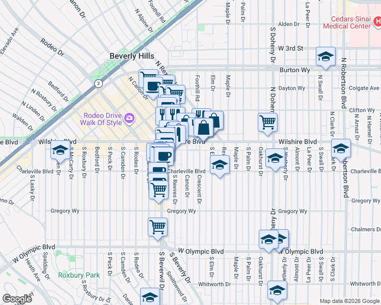 map of restaurants, bars, coffee shops, grocery stores, and more near in Beverly Hills