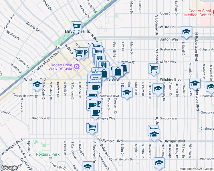 map of restaurants, bars, coffee shops, grocery stores, and more near in Beverly Hills