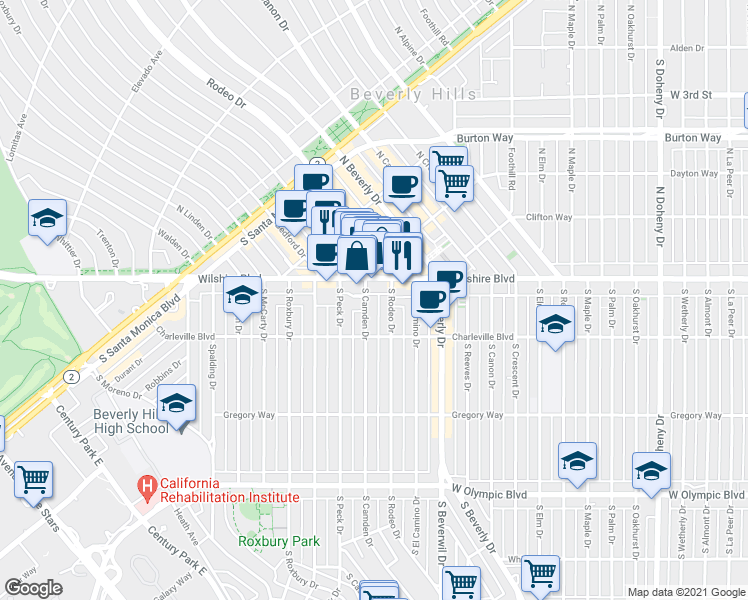 map of restaurants, bars, coffee shops, grocery stores, and more near 9570 Wilshire Boulevard in Beverly Hills
