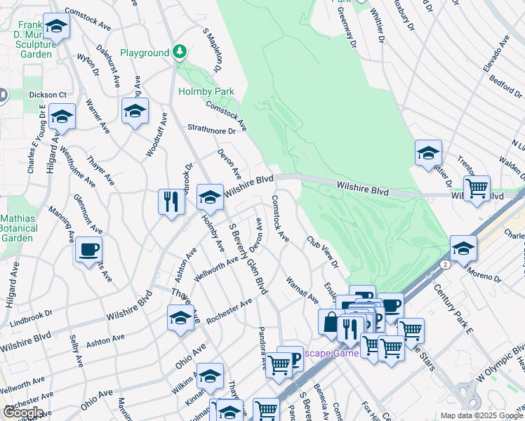 map of restaurants, bars, coffee shops, grocery stores, and more near 10330 Ashton Avenue in Los Angeles