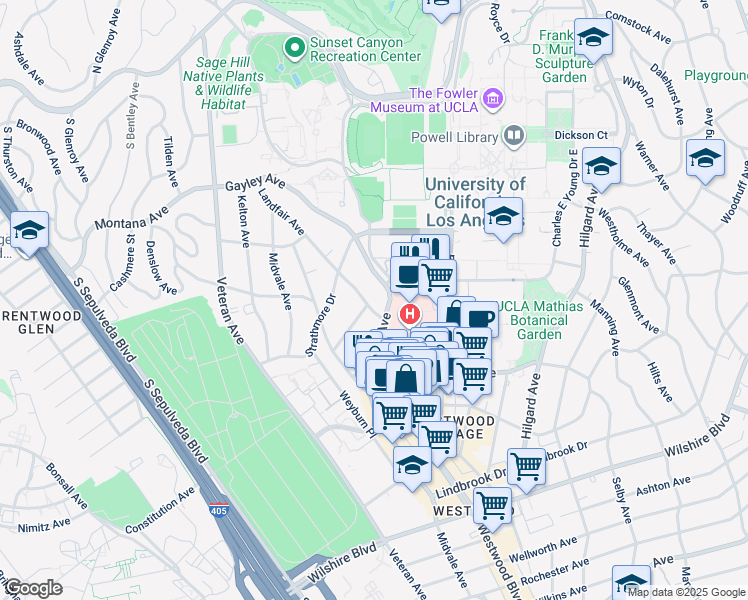 map of restaurants, bars, coffee shops, grocery stores, and more near 663 Gayley Avenue in Los Angeles