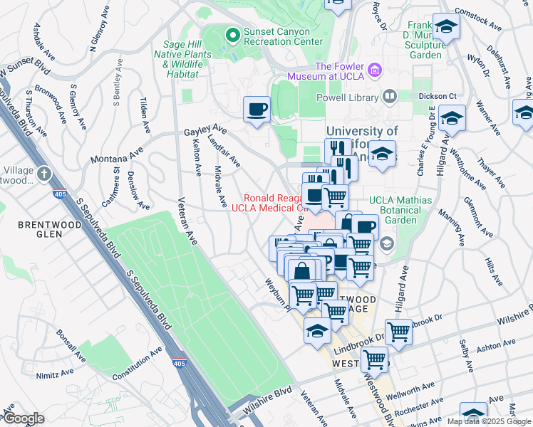 map of restaurants, bars, coffee shops, grocery stores, and more near 625 Landfair Avenue in Los Angeles