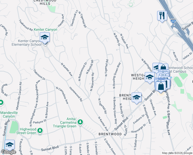 map of restaurants, bars, coffee shops, grocery stores, and more near 437 North Greencraig Road in Los Angeles