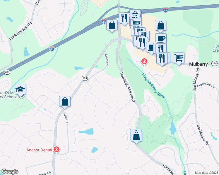 map of restaurants, bars, coffee shops, grocery stores, and more near 2056 Stancil Point Drive in Dacula