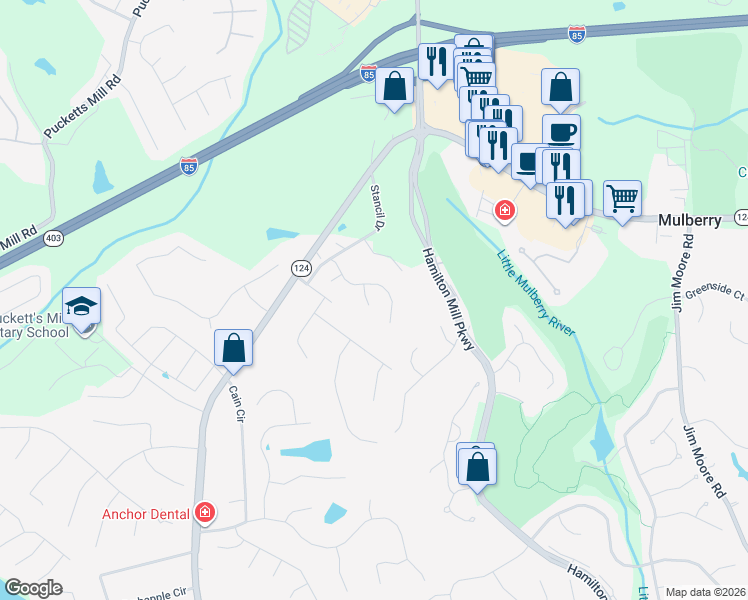 map of restaurants, bars, coffee shops, grocery stores, and more near 2125 Stancil Park Lane in Dacula