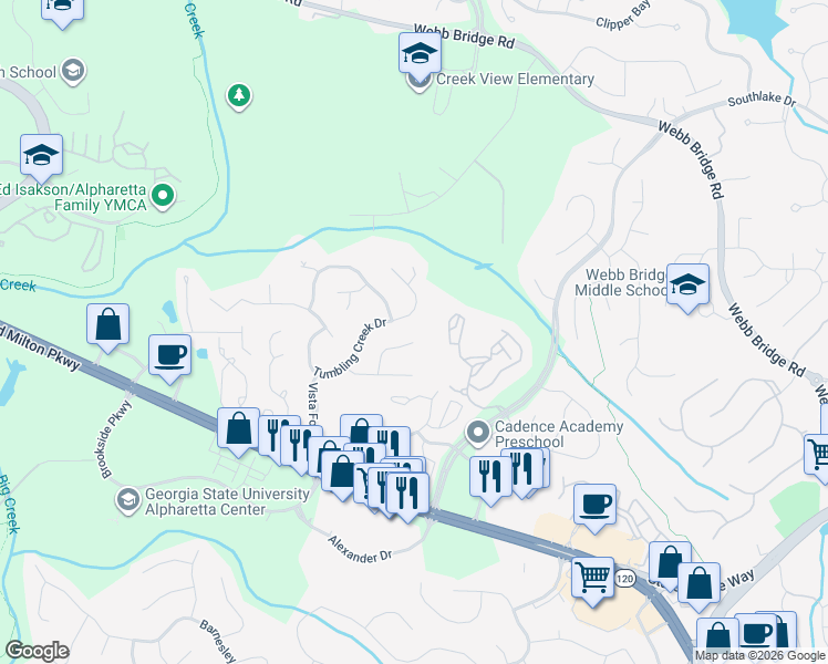 map of restaurants, bars, coffee shops, grocery stores, and more near 445 Tumbling Creek Drive in Alpharetta