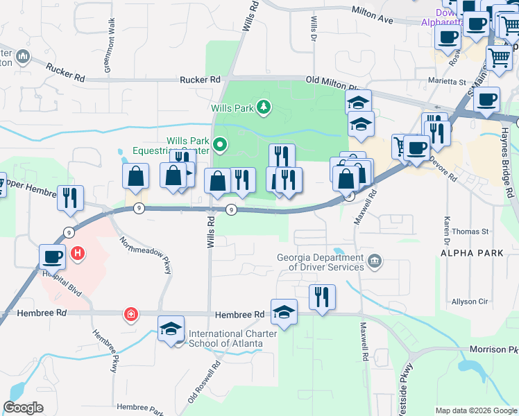 map of restaurants, bars, coffee shops, grocery stores, and more near 531 South Main Street in Alpharetta