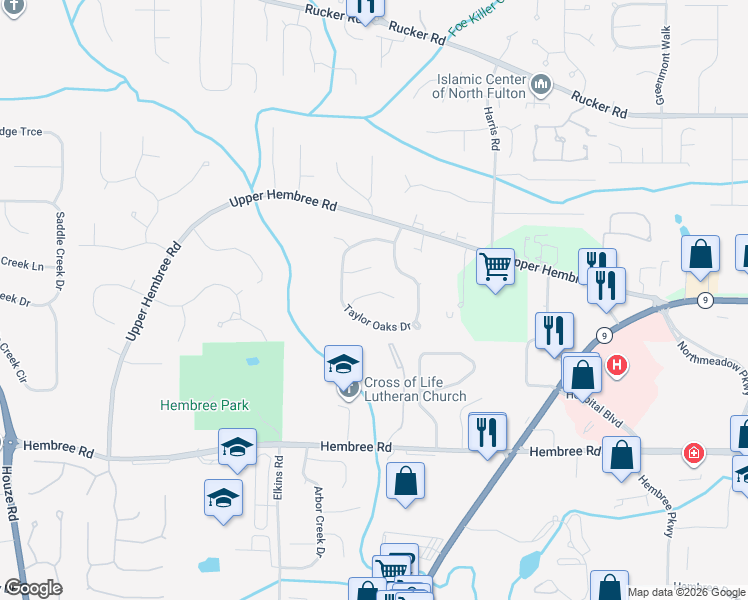 map of restaurants, bars, coffee shops, grocery stores, and more near 1065 Taylor Knoll Close in Roswell